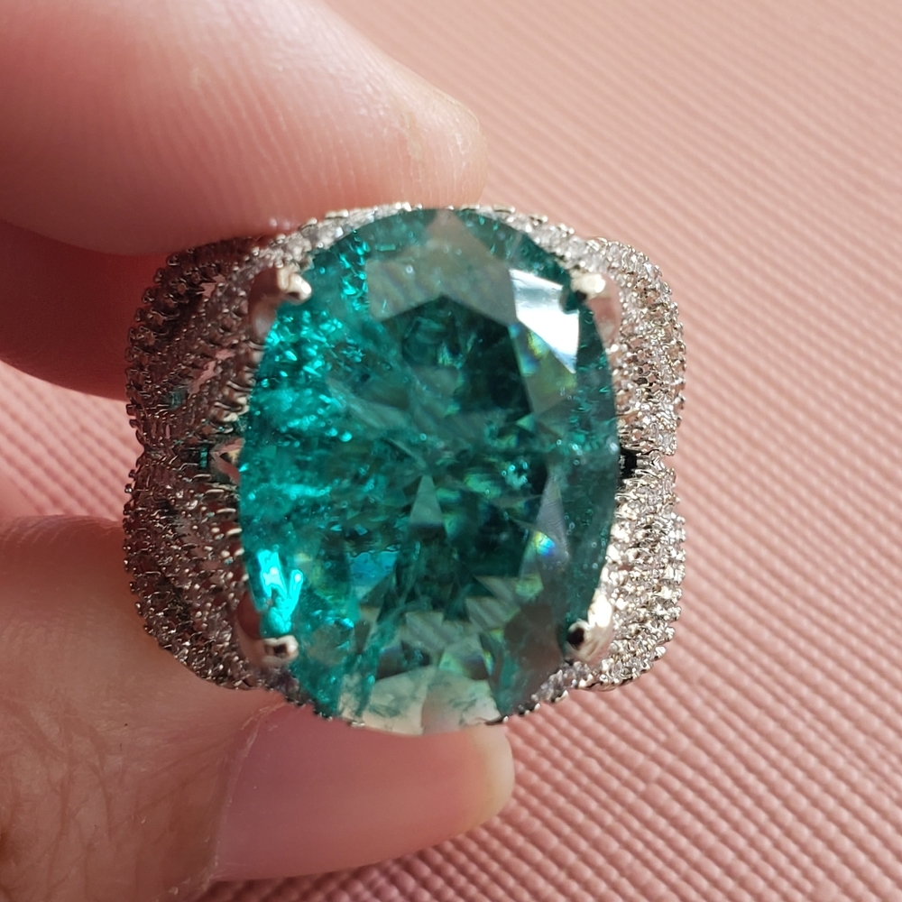 925 SILVER PLATED GREEN PARAIBA RING - Picture 7 of 10